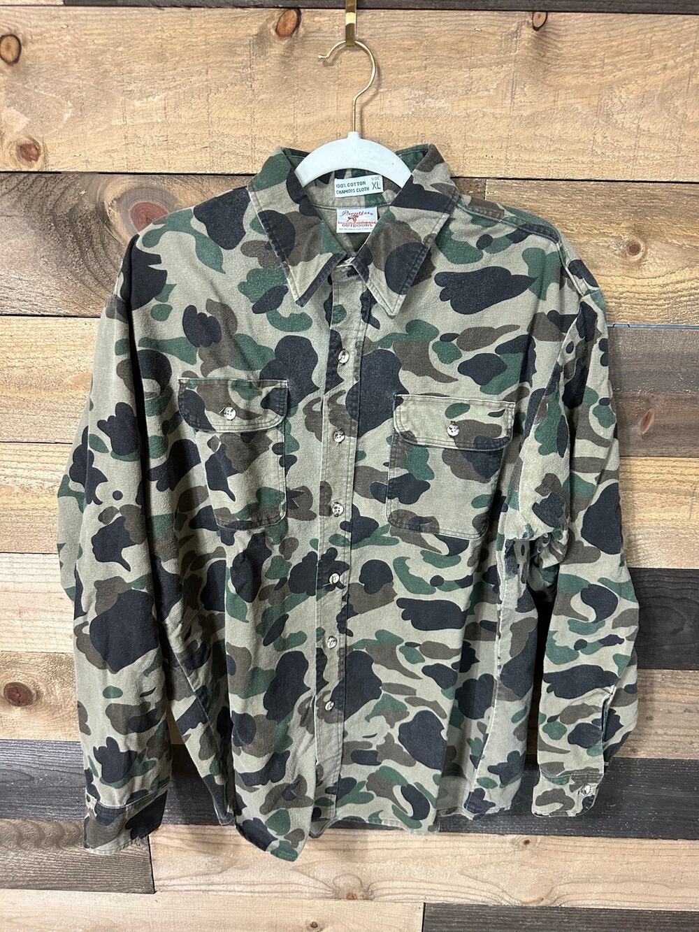 PRENTISS OUTDOORS Vtg Men’s 100% Cotton Chamois Frog Skin Camo Shirt Size XL